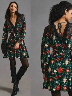 By Anthropologie Lacy V-Neck Mini Dress  Black Floral Size 14 NWT